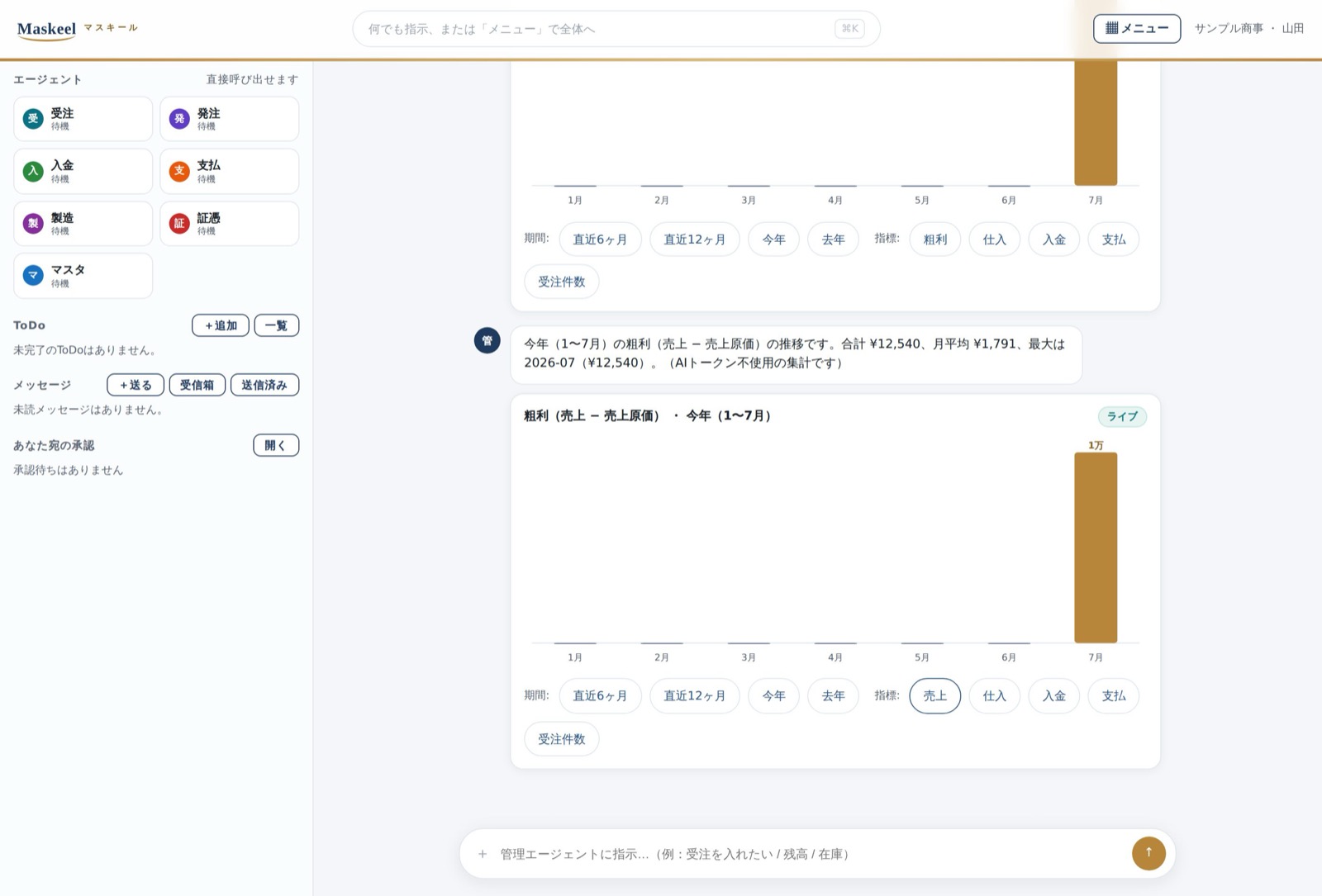 「去年1年間の売上推移を教えて」でグラフが返る画面